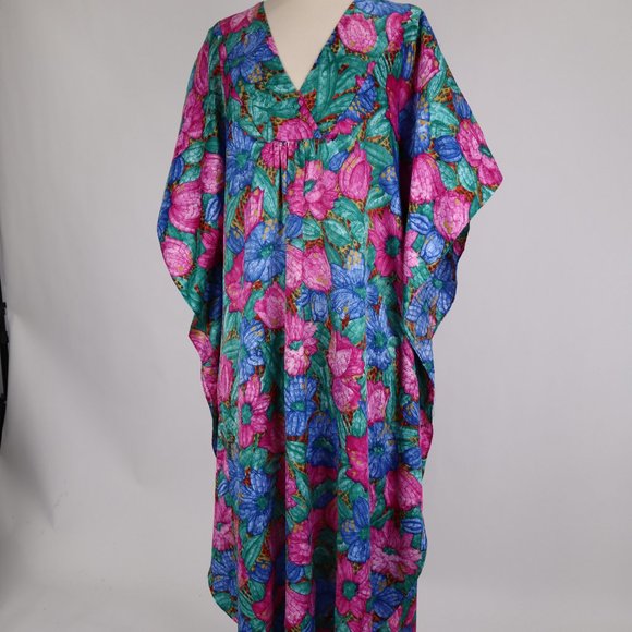 Vtg California Dynasty Floral Caftan Nightgown Lounger Hawaiian Boho Hippie L